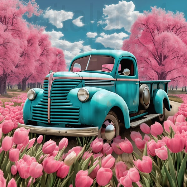 Old teal truck and spring flowers png sublimation digital design download wreath sign wind spinner cutting board shadow box image png