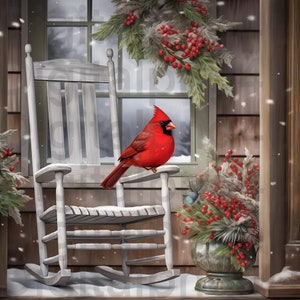 Kardinal und rustikale Veranda PNG Sublimation digitales Design Download Kranz Zeichen Windspiel Schneidebrett Bild Weihnachtsverzierung PNG