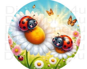 ladybugs and daisies round PNG sublimation digital design download ladybug wreath sign PNG ladybug wind spinner design cute ladybug image