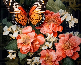 May include: A vibrant orange and black butterfly with white spots rests on a cluster of pink and white flowers. The flowers are surrounded by green leaves against a dark background.