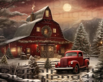 May include: A red vintage pickup truck parked in front of a red barn with a wreath on the door. The barn is covered in snow and there are trees in the background. The scene is set at night with a full moon in the sky.