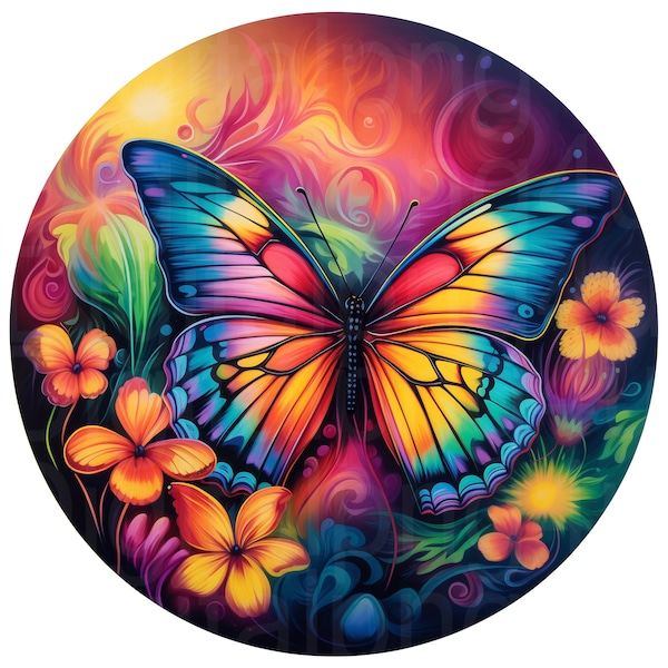 Beautiful colorful butterfly round png sublimation digital design download wreath sign wind spinner cutting board image spring png