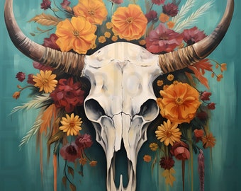 Pode incluir: Uma imagem decorativa de um crânio de vaca branco com grandes chifres, adornado com flores e folhagens laranja, vermelhas e amarelas. A obra de arte é definida contra um fundo azul-petróleo. O crânio é o ponto focal, com o arranjo floral.