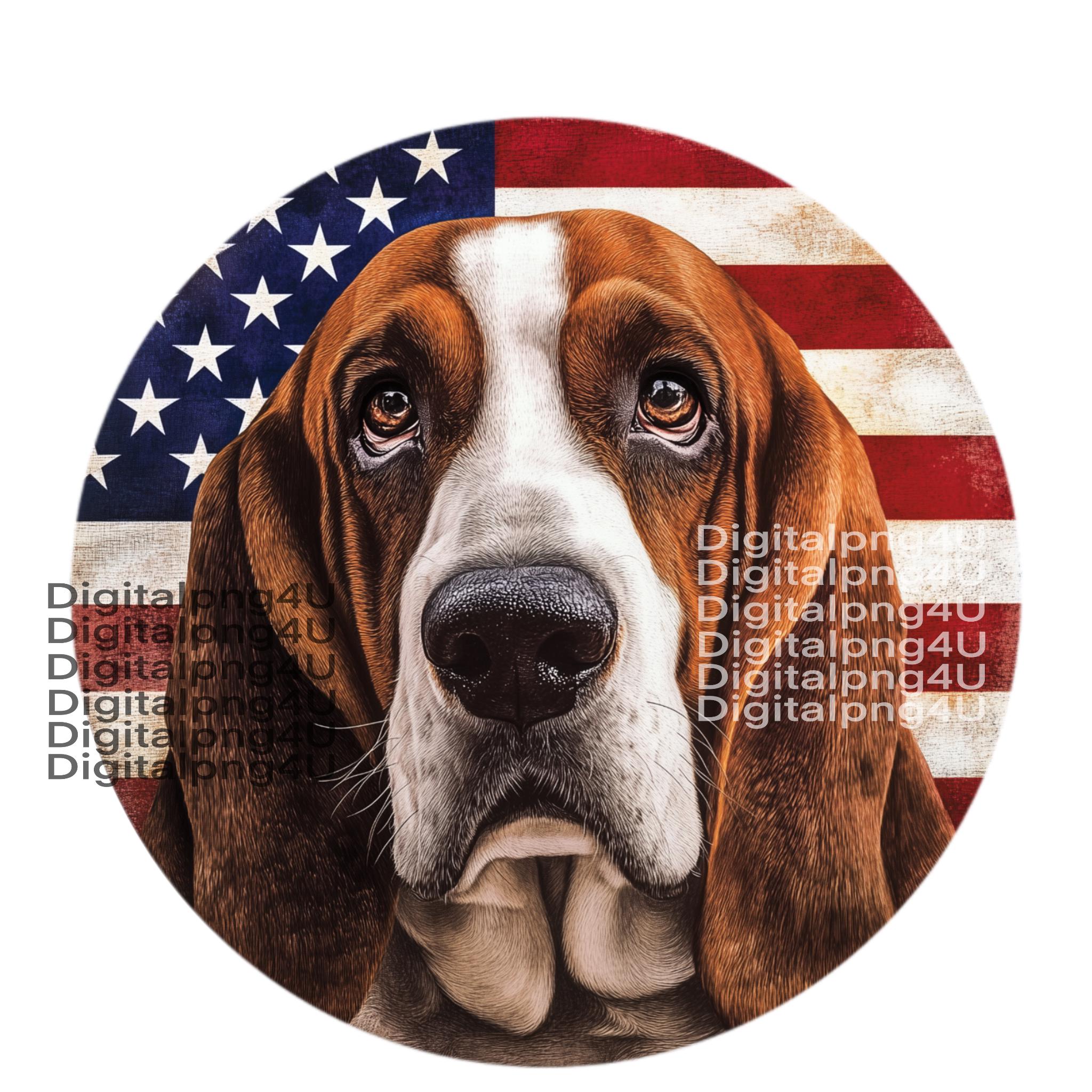 Basset Hound and American Flag Round PNG Sublimation DIGITAL