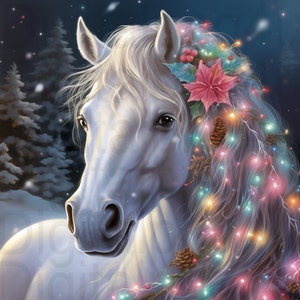 Cavallo bellissimo cavallo bianco e luci di Natale png sublimazione design digitale download ghirlanda cartello girandola tagliere immagine