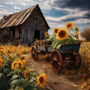 May include: A rustic scene featuring a weathered wooden barn and an antique cart filled with sunflowers. The cart's wheels are rusty, and the sunflowers have bright yellow petals. The setting is a field with tall, golden grass.