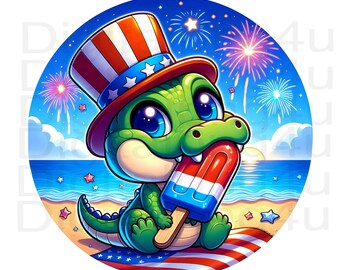 alligator cute patriotic baby alligator round PNG sublimation digital design download wreath sign wind spinner cutting board image PNG file