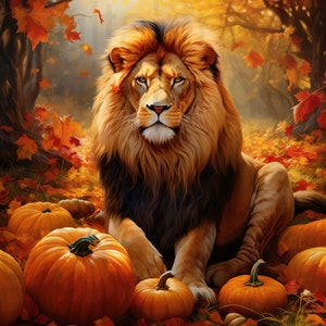 May include: A majestic lion with a thick mane sits in a forest setting surrounded by orange and yellow pumpkins. The lion is looking directly at the viewer with a serious expression. The background is a blur of autumn leaves in shades of red, orange, and yellow.