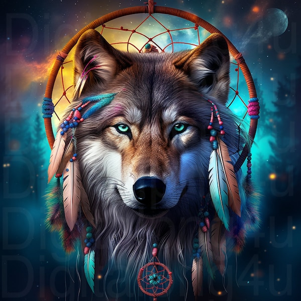 Wolf and dream catcher png sublimation digital design download wreath sign wind spinner cutting board shadow box image