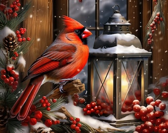 May include: A red cardinal perched on a branch with a snowy background. A lantern with a lit candle sits in the foreground. The scene is decorated with red berries and pine branches.