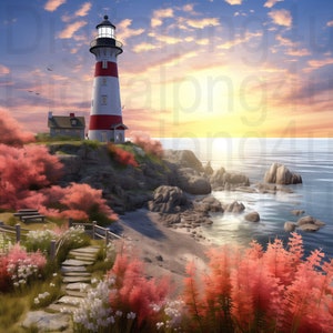 May include: A red and white lighthouse stands on a rocky cliff overlooking a calm ocean at sunset. The sky is a vibrant orange and pink, and there are pink flowers in the foreground.