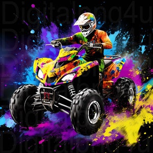 Pode incluir: Um ATV amarelo, preto e azul com um design de respingo de tinta colorido. O ATV está sendo conduzido por uma pessoa que está usando um capacete e equipamento de pilotagem.