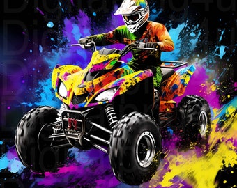 ATV 4 ruedas colores vibrantes con fondo negro png sublimación diseño digital descarga carreras png todoterreno png