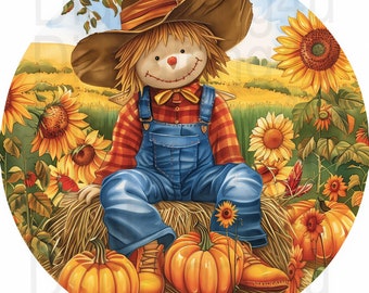 scarecrow cute fall round PNG sublimation digital design download scarecrow wreath sign scarecrow wind spinner design fall PNG image