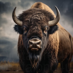 Può includere: Un ritratto ravvicinato di un bisonte grande, di colore marrone scuro, con un mantello folto e irsuto. Il bisonte ha un'espressione seria e le sue corna sono visibili. Lo sfondo è un cielo nuvoloso.