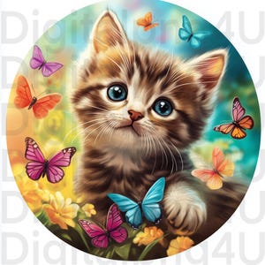 gatinho e borboletas redondas PNG sublimação design digital download sinal de guirlanda catavento placa de corte design gatinho ornamento PNG