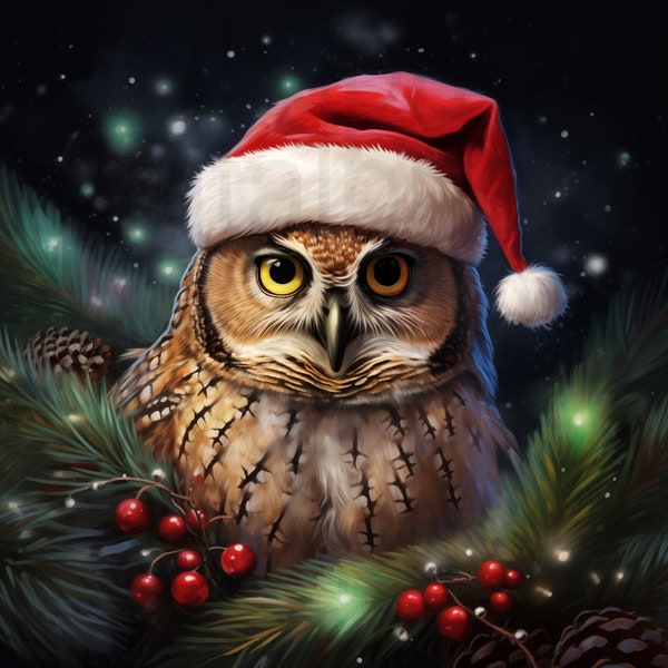Owl Santa hat Christmas png sublimation digital design download wreath sign wind spinner cutting board Christmas ornament png
