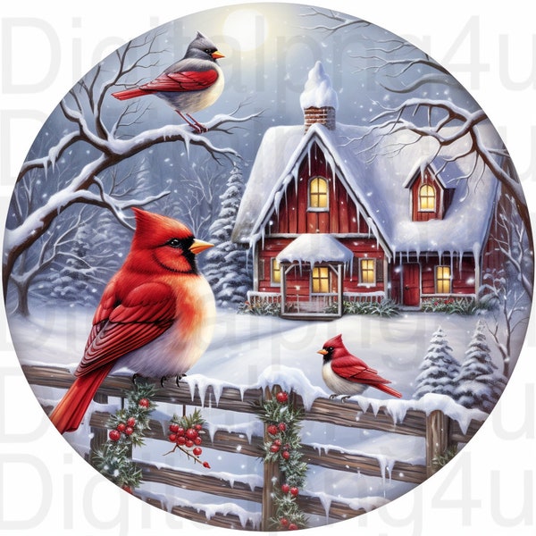 Cardinals Christmas winter country round png sublimation digital design download wreath sign wind spinner cutting board image Christmas png
