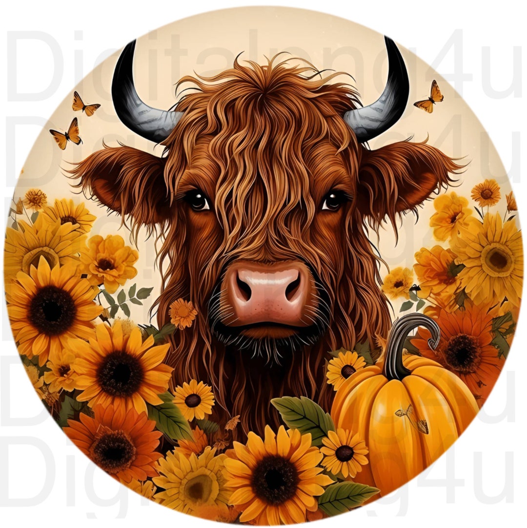 Highland Cow Fall Pumpkins Flowers Sunflowers Round Png Sublimation ...