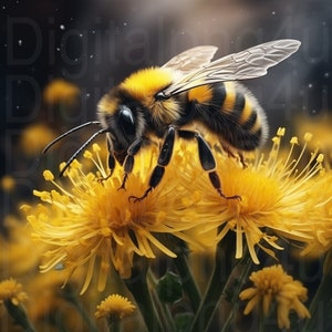 Può includere: Primo piano di un bombo con strisce nere e gialle, che raccoglie polline da un fiore giallo. L'ape ha strisce nere e gialle pelose ed è posata su un fiore giallo su uno sfondo scuro.