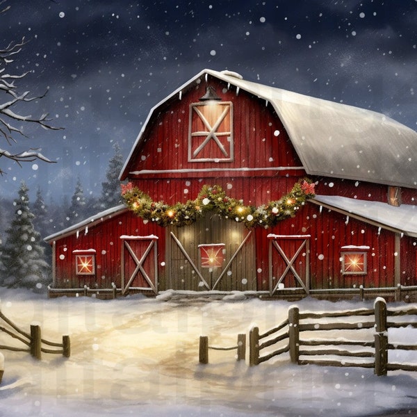 Old red barn winter Christmas png sublimation digital design download wreath sign wind spinner cutting board Christmas ornament png