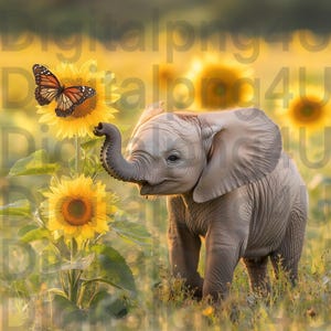 Könnte beinhalten: Ein Baby-Elefant mit erhobenem Rüssel vor einer Sonnenblume, auf der ein Schmetterling sitzt. Der Elefant steht auf einem Feld voller Sonnenblumen.