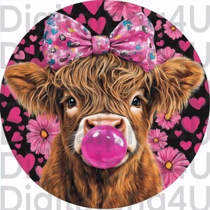 May include: A charming image of a Highland cow with brown fur, sporting a pink bow adorned with hearts and paw prints. The cow is blowing a pink bubblegum bubble. The background is black with pink hearts and flowers.