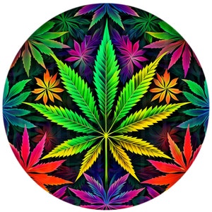 May include: A psychedelic illustration of a cannabis leaf with a rainbow colour scheme. The leaf is surrounded by other leaves in a variety of colours, including red, orange, yellow, green, blue, and purple.