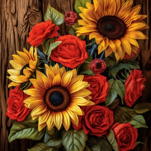Sunflowers and roses flowers png sublimation digital design download fall design