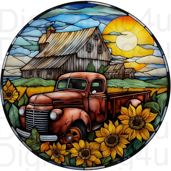 Red truck stained glass fall sunflowers farm round png sublimation digital design download wreath sign wind spinner cutting board image