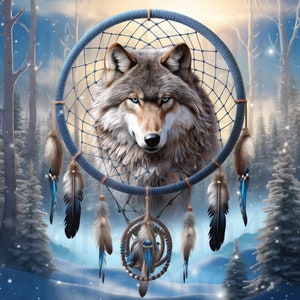 May include: A blue and white dreamcatcher with a wolf's head in the center. The dreamcatcher is surrounded by feathers and is set against a snowy forest background.