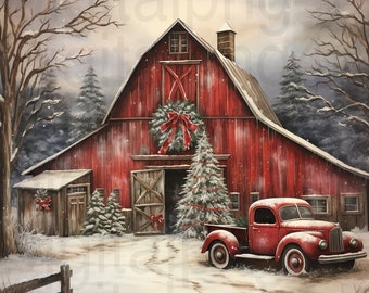 Rustikaler roter LKW und Scheune Winter Weihnachtsszene png Sublimation digitales Design Download Kranz Zeichen Windspiel Schneidebrett Bild