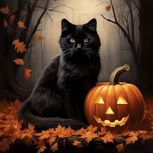 May include: A black cat with yellow eyes sits beside a carved orange pumpkin with a smiling face. The cat and pumpkin are surrounded by autumn leaves. The background features a dark forest scene, creating a Halloween theme.