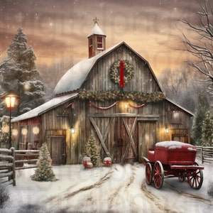May include: A rustic wooden barn with a red roof and a wreath on the door, covered in snow. The barn is decorated with Christmas lights and greenery. A red wagon is parked in front of the barn.
