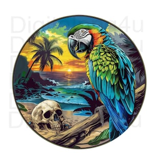 May include: A colorful parrot perched on a branch with a skull on a beach at sunset. The parrot has blue, green, yellow, and red feathers. The skull is white with black eye sockets. The beach is sandy with blue water and palm trees in the background.