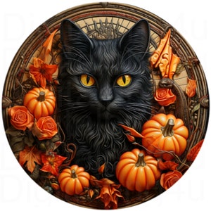 Gato preto abóboras de Halloween redondas png sublimação design digital download sinal de guirlanda girador de vento tábua de corte design de estilo bordado