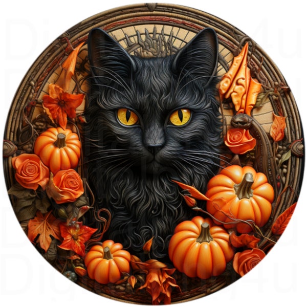 Black cat Halloween pumpkins round png sublimation digital design download wreath sign wind spinner cutting board embroidered style design