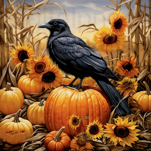 Crow pumpkin sunflower fall autumn Halloween harvest png sublimation digital design download wreath sign wind spinner cutting board decor