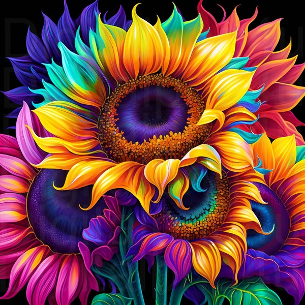 Sunflowers colorful with a black background png sublimation digital design download
