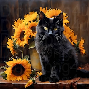 Gato preto outono girassóis Halloween png sublimação design digital download sinal de guirlanda girador de vento placa de corte imagem decoração de Halloween