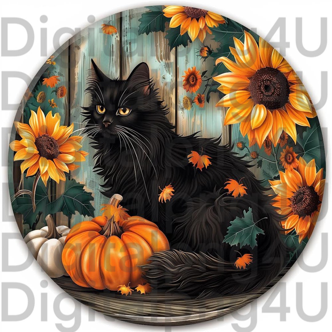 Black Cat Fall Halloween Round PNG Sublimation Digital Design Download ...
