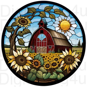 Puede incluir: Un diseño de vitral con un granero rojo con una puerta y ventanas blancas, rodeado de girasoles y hojas verdes. El sol brilla intensamente en el cielo azul.