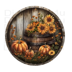 May include: A round wooden barrel with a rustic wood background. The barrel is filled with orange and yellow sunflowers. Three orange pumpkins sit in front of the barrel.