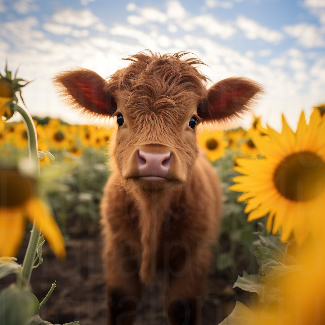 Baby Highland Cow and Sunflowers Fall Scene Png Sublimation Digital ...