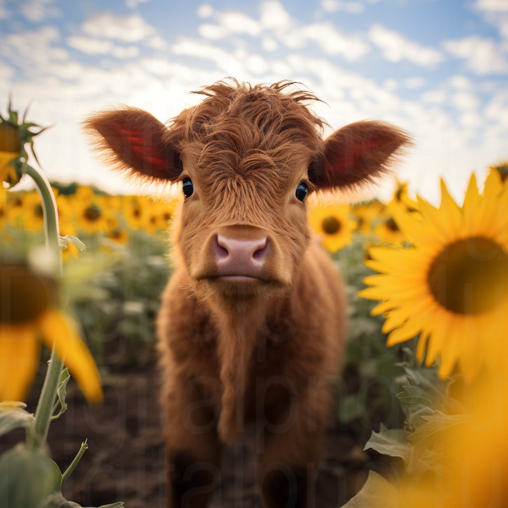 Baby Highland Cow and Sunflowers Fall Scene Png Sublimation Digital ...