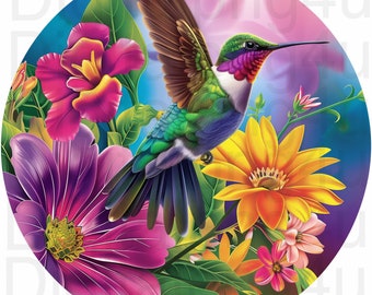 hummingbird and colorful flowers round png sublimation digital design download wreath sign wind spinner cutting board image hummingbird imag