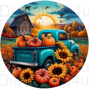 May include: A teal pickup truck filled with orange pumpkins and sunflowers, set against a backdrop of a farm scene with a barn, fields, and a sunset. Birds fly in the sky, creating a fall harvest theme.