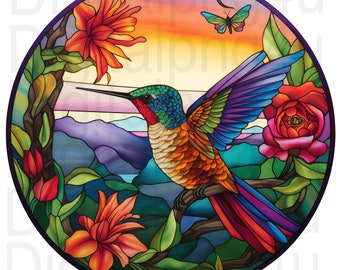 hummingbird colorful round png sublimation digital design download wreath sign wind spinner cutting board shadow box image png