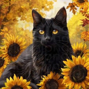 gato preto png - design digital - download instantâneo - gato preto e girassóis - copo de gato preto png - sinal de coroa de outono png - design de outono