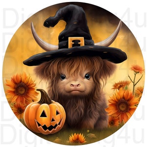May include: A digital illustration of a Highland cow wearing a black witch hat with a gold buckle. The cow is surrounded by sunflowers and a carved jack-o'-lantern. The background is a warm, golden color, evoking a Halloween theme.